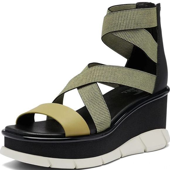 SOREL 9 Joanie III Leather Sport Strap Wedge Platform Sandal Olive Black CLEAN - Picture 1 of 16